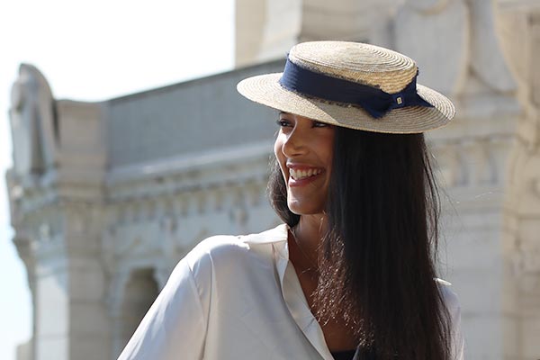 Chapeau de paille pompon Liberty B Denim fabriqué en Italie